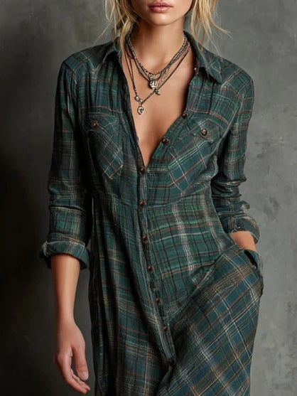 Linde - Long dress with green check lapels