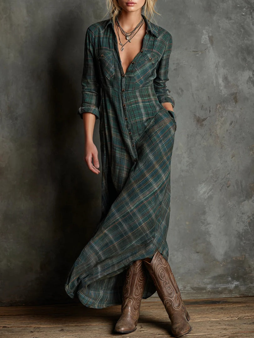 Linde - Long dress with green check lapels