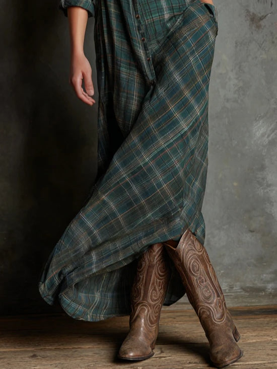 Linde - Long dress with green check lapels